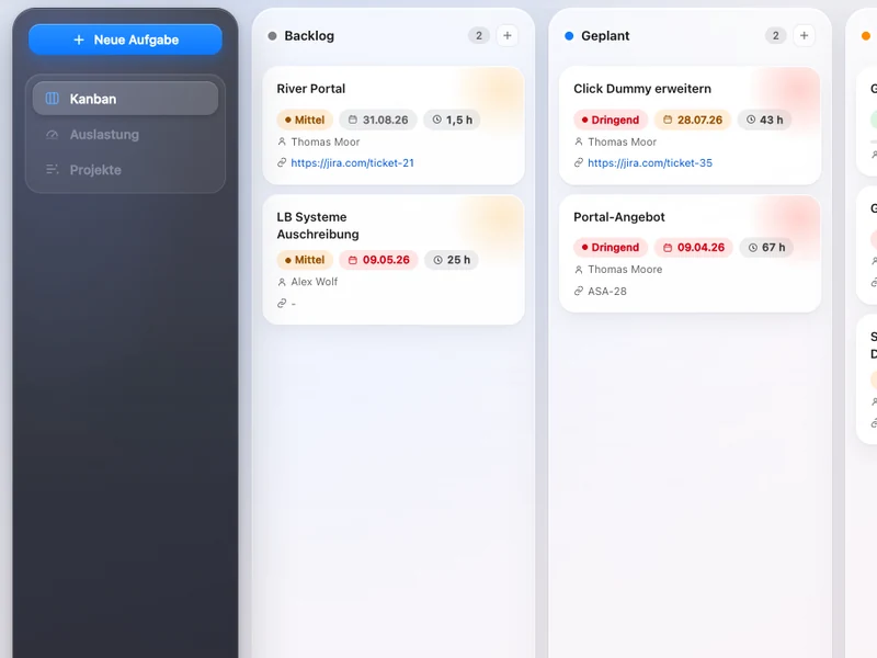 Kanban task board — project overview with status columns and task cards