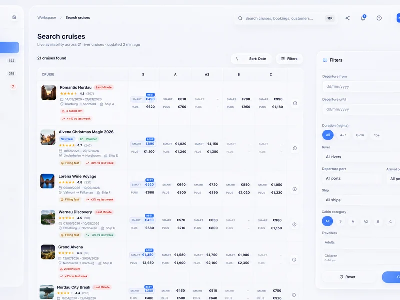 Cruise search of a B2B portal — results table with cabin categories and a price matrix